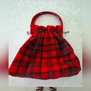 Red Stewart Plaid Wool Reversible Convertible Handbag W Tortoiseshell Handles